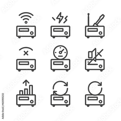 Receiver Troubleshooting Icons. Outline icon set of receiver troubleshooting: weak signal, interference, antenna adjustment,