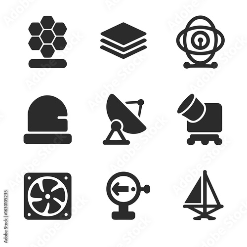 Telescope Components Icons. Solid, filled icons set of telescope components and mechanics: gold-coated mirror,
