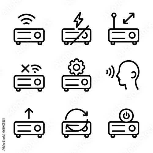 Receiver Troubleshooting Icons. Outline icon set of receiver troubleshooting: weak signal, interference, antenna adjustment,
