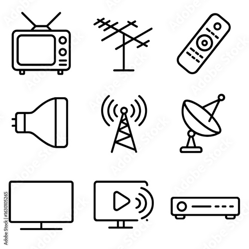 Television Evolution Icons. Outline icon set of historical evolution of television: vintage TV, antenna,