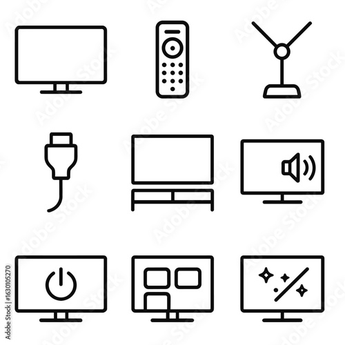Television Icon Set. Outline icon set of television screen: flat screen, remote control, antenna, HDMI cable,