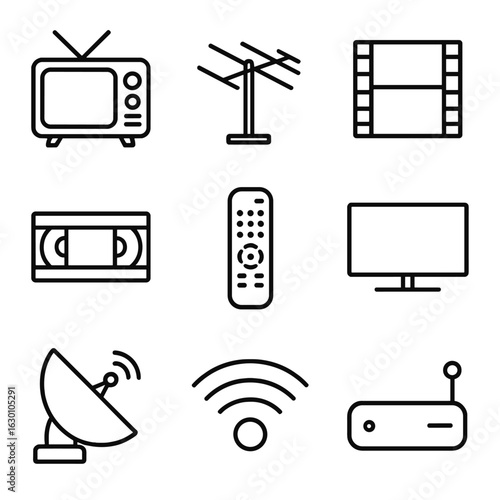 Television Evolution Icons. Outline icon set of television advancement: old TV, antenna, film strip, VHS tape,