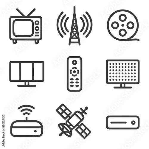 Television Technology Icons. Outline icon set of television history and technology: old television set, radio