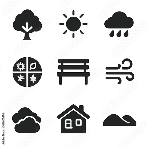Temperate Climate Icons. Solid, filled icons set of temperate climate visuals: deciduous tree, moderate sun,