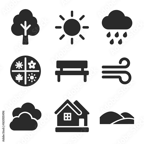Temperate Climate Icons. Solid, filled icons set of temperate climate visuals: deciduous tree, moderate sun,
