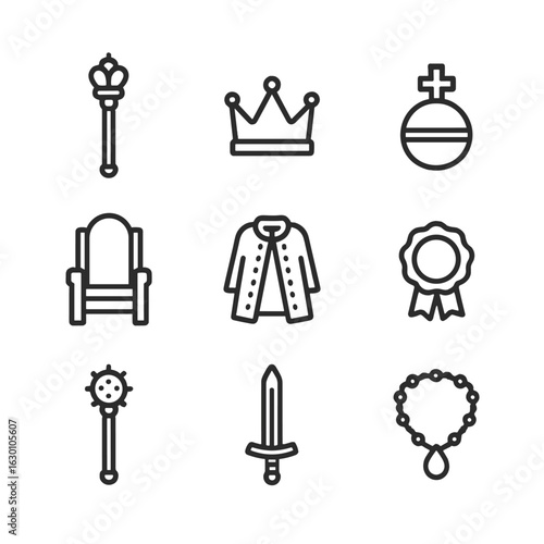 Regal Icons Collection. Outline icon set of scepters and regalia: scepter, crown, orb, throne, robe, seal, mace, sword, necklace.
