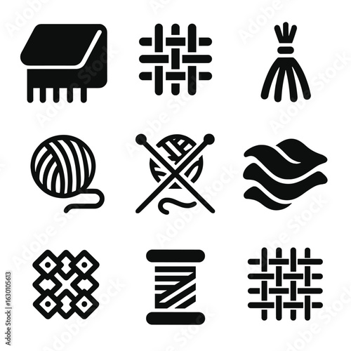 Textile Artistry Icons. Solid, filled icons set of textile artistry: blanket fringe, fabric weave, tassel