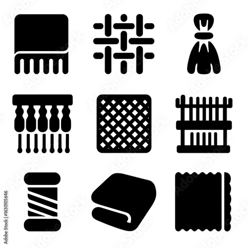 Textile Icon Grid. Solid, filled icons set of textile details: blanket fringe, fabric weave, tassel knot,