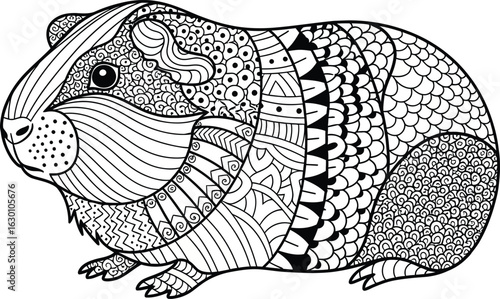 A stylized guinea pig illustration filled with intricate black and white zentangle and doodle patterns.