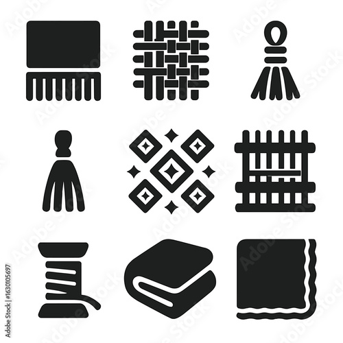 Textile Icon Grid. Solid, filled icons set of textile details: blanket fringe, fabric weave, tassel knot,