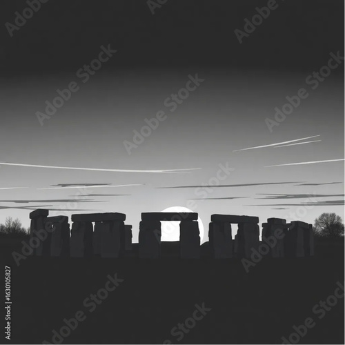 Stonehenge under twilight skies in England around the winter solstice