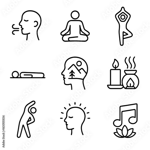 Relaxation Techniques Icons. Outline icon set of relaxation techniques: deep breathing, meditation, yoga pose, progressive muscle