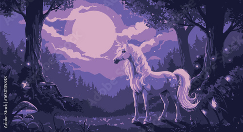 Serene unicorn standing in a mystical, moonlit forest.