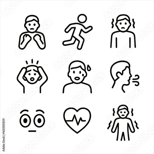 Fear Response Icons. Outline icon set of fear responses: fight, flight, freeze, panic attack, sweating, rapid breathing, wide eyes