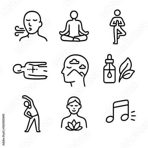 Relaxation Techniques Icons. Outline icon set of relaxation techniques: deep breathing, meditation, yoga pose, progressive muscle