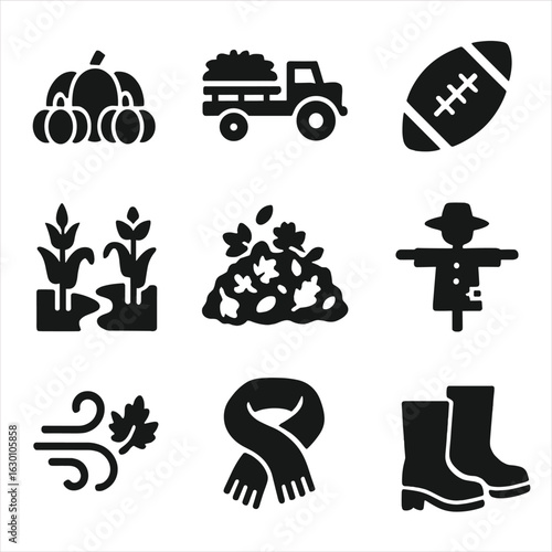 Thanksgiving Activities Icons. Solid, filled icons set of Thanksgiving outdoor activities: pumpkin patch,