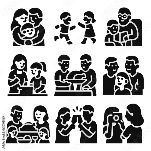 Thanksgiving Family Icons. Solid, filled icons set of Thanksgiving family moments: hugging family, children
