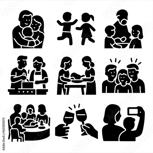 Thanksgiving Family Icons. Solid, filled icons set of Thanksgiving family moments: hugging family, children