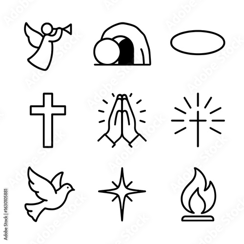 Religious Icon Set. Outline icon set of resurrection in religious themes: angel trumpet, open tomb, halo, cross, praying hands,