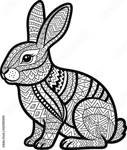 A black and white zentangle illustration of a sitting rabbit filled with intricate patterns.