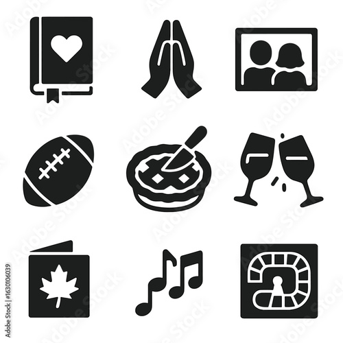 Thanksgiving Traditions Icons. Solid, filled icons set of Thanksgiving traditions: gratitude journal, prayer