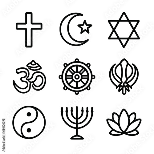 Religious Symbols Icons. Outline icon set of religious symbols: cross, crescent moon, star of David, Om, dharma wheel, Khanda, yin