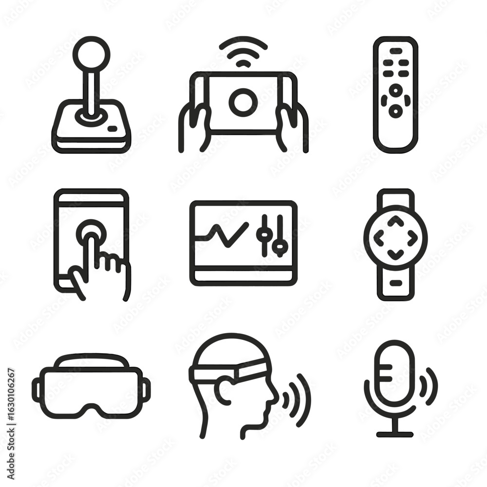 Remote Control Icon Set. Outline icon set of telecommand remote control: joystick, tablet control, remote screen, control buttons, Remote Control Icon Set. Outline icon set of telecommand remote control: joystick, tablet control, remote screen, control buttons,