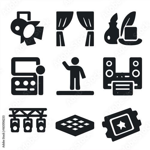 Theater Production Icons. Solid, filled icons set of live theater production: spotlight, velvet curtains,