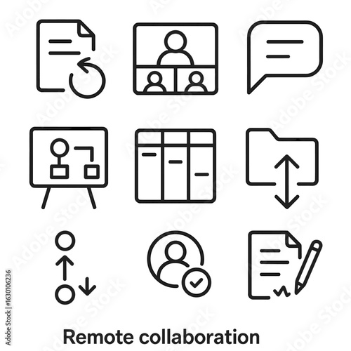 Remote Collaboration Icons Grid. Outline icon set of remote collaboration: shared document icon, video conference screen, chat