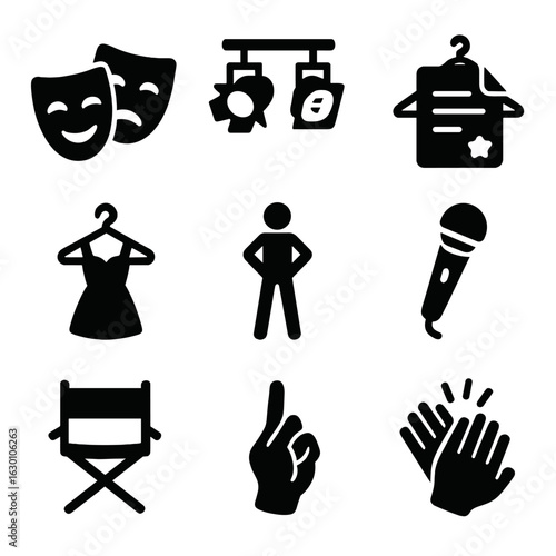 Theatrical Icons Set. Solid, filled icons set of theatrical expressions: emotion mask, stage lights, script,
