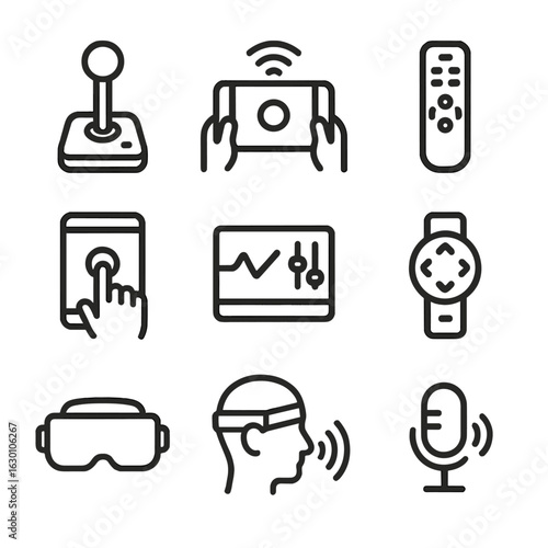 Remote Control Icon Set. Outline icon set of telecommand remote control: joystick, tablet control, remote screen, control buttons,