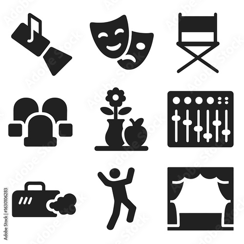 Theatrical Icon Set. Solid, filled icons set of theatrical performance lighting: spotlight beam, stage mask,
