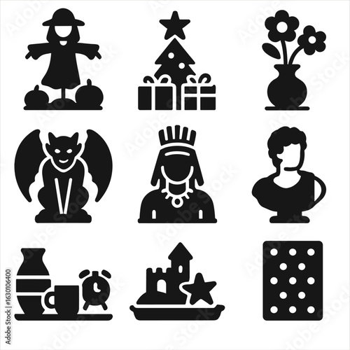 Themed Icon Assemblage. Solid, filled icons set of themed figurine arrangements: seasonal statue, holiday
