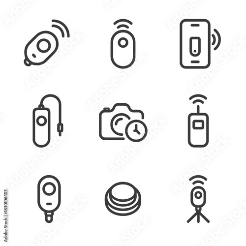 Remote Shutter Icons. Outline icon set of remote shutter devices: Bluetooth remote, infrared remote, smartphone app remote, wired