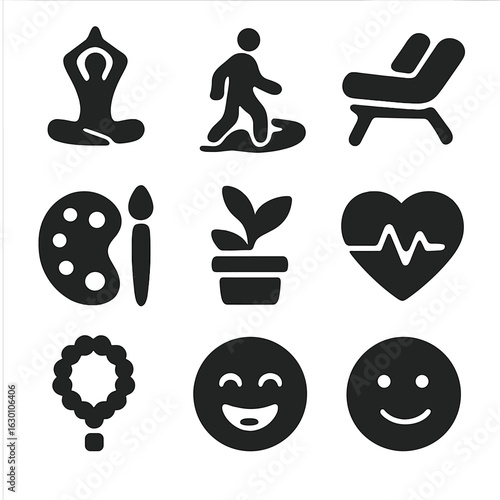 Therapeutic Activities Icons. Solid, filled icons set of therapeutic activities: yoga pose, walking path,