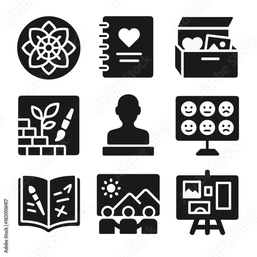 Therapeutic Art Icons. Solid, filled icons set of therapeutic art outcomes: completed mandala, gratitude