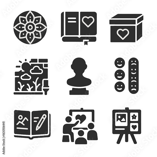 Therapeutic Art Icons. Solid, filled icons set of therapeutic art outcomes: completed mandala, gratitude