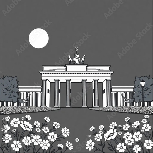 Brandenburg Gate surrounded by blooming flowers in Berlin at midnight with glowing lanterns