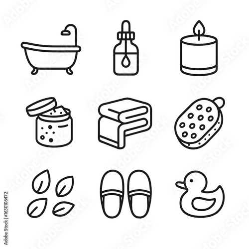 Therapeutic Bath Icon Set. Outline icon set of therapeutic bath essentials: bathtub, essential oil bottle,