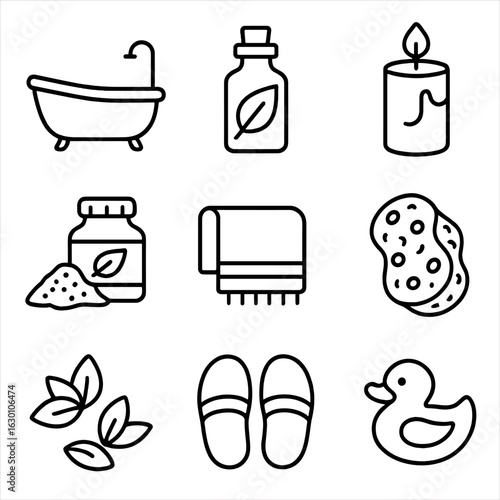 Therapeutic Bath Icon Set. Outline icon set of therapeutic bath essentials: bathtub, essential oil bottle,