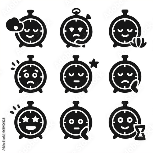 Time Emotion Icons. Solid, filled icons set of time-related emotions: nostalgia, impatience, calmness, anxiety