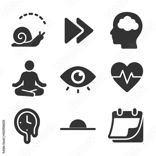 Time Experience Icons. Solid, filled icons set of subjective time experience: slow motion, fast forward,