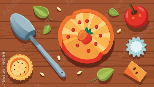 Overhead view of a wooden table with a pizza, spoon, tomato, and various small food items scattered around