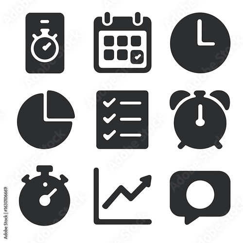 Time Management Icons. Solid, filled icons set of digital time tracking: stopwatch app, calendar, clock, pie