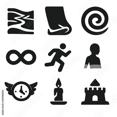 Time Metaphor Icons. Solid, filled icons set of metaphors for time: flowing river, turning page, spiral,