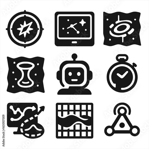 Time-Space Navigation Icons. Solid, filled icons set of time-space navigation tools: galactic compass, star