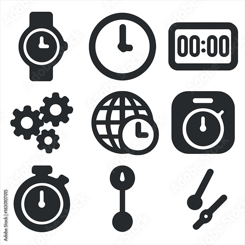 Timekeeping Icon Set. Solid, filled icons set of measuring time: wristwatch, wall clock, digital timer,
