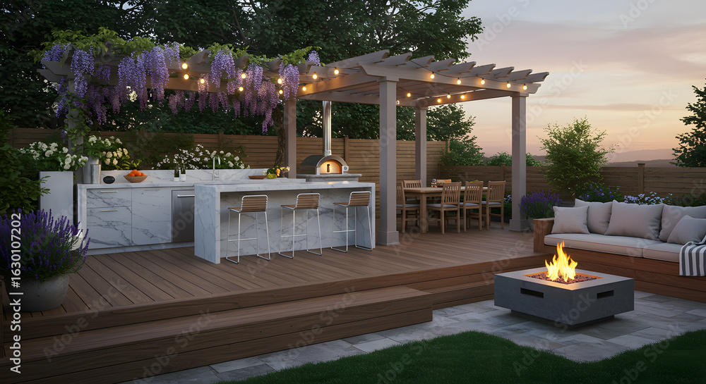 Obraz premium Outdoor kitchen pergola fire pit patio design backyard garden landscape architecture luxury home living space