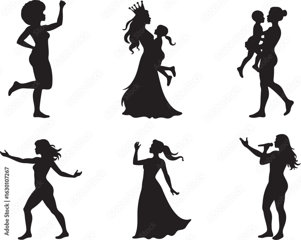 Obraz premium Diverse women silhouettes celebrating, performing, and caring for children
