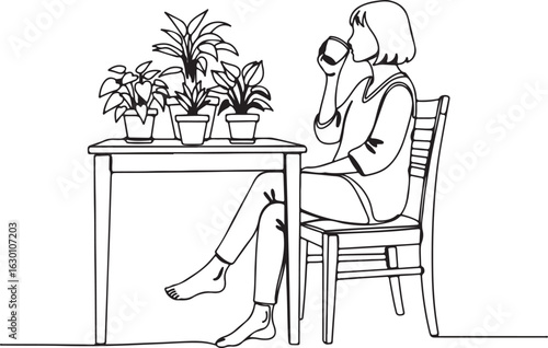 Minimalist line art illustration of a woman enjoying a drink at a table surrounded by lush green plants capturing a serene moment of relaxation and indoor greenery